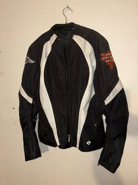 Black and White Ladies Motorcycle Jacket with Orange Patch